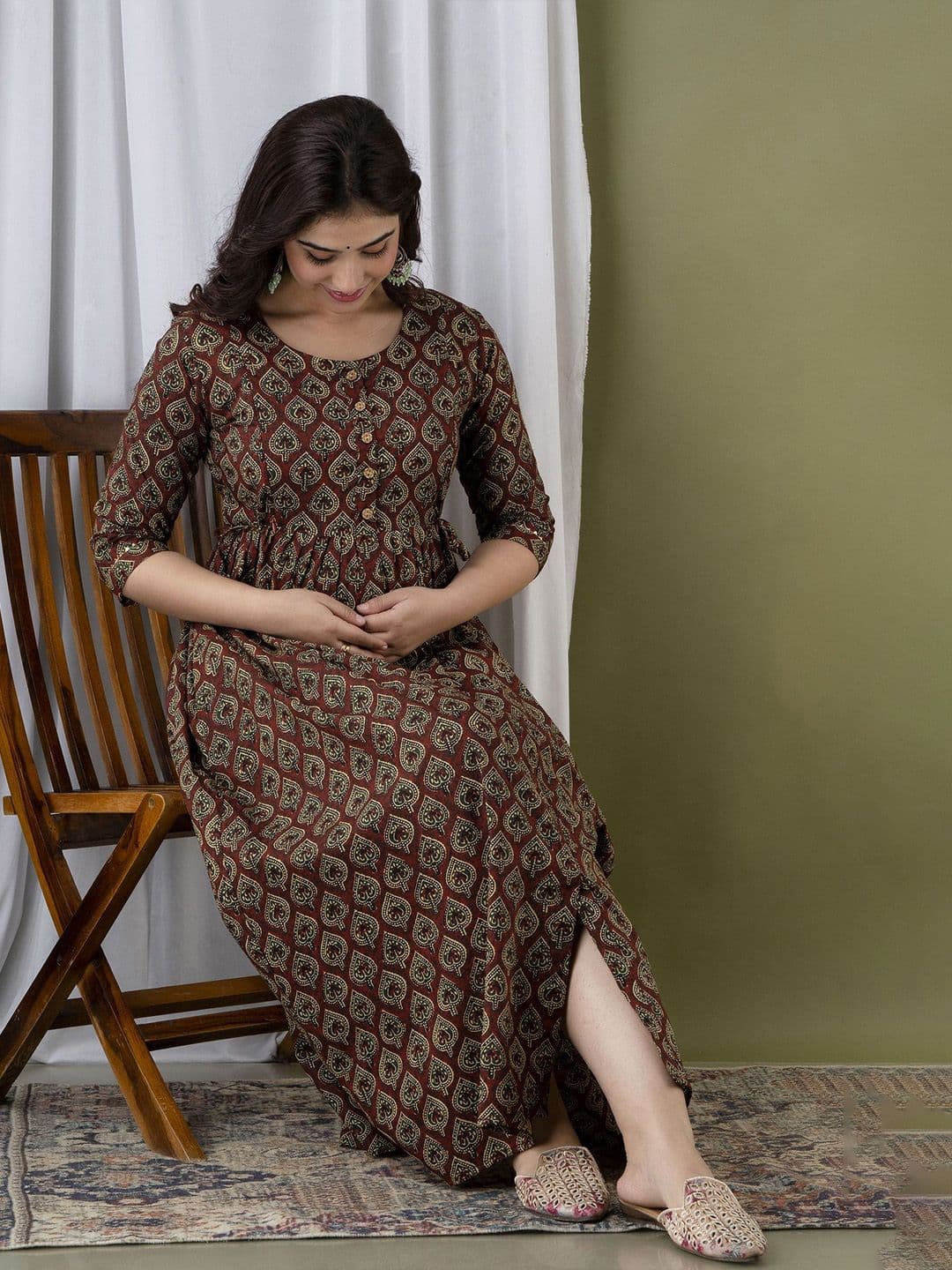 Moda Rapido Floral Printed Round Neck Pure Cotton Maternity A-Line Ethnic Dress thumbnail 3