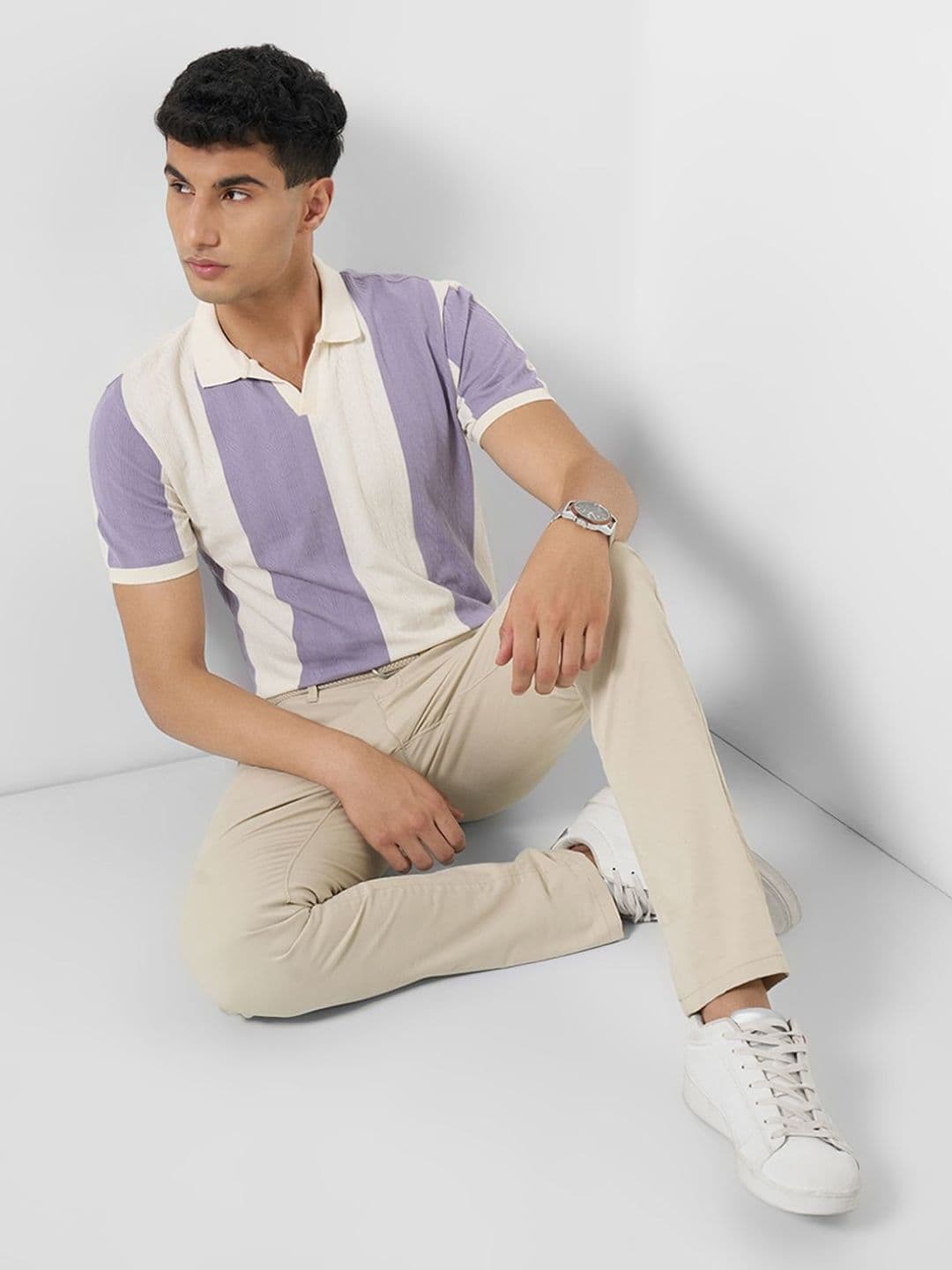 Peregrine by Pantaloons Men Striped Polo Collar Cut Outs Slim Fit T-shirt thumbnail 3