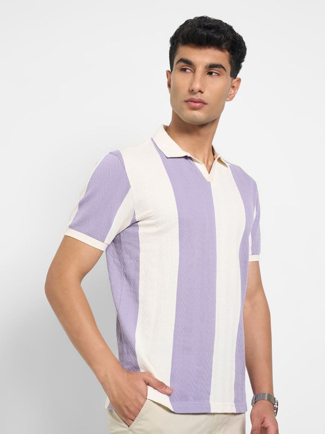 Peregrine by Pantaloons Men Striped Polo Collar Cut Outs Slim Fit T-shirt thumbnail 2