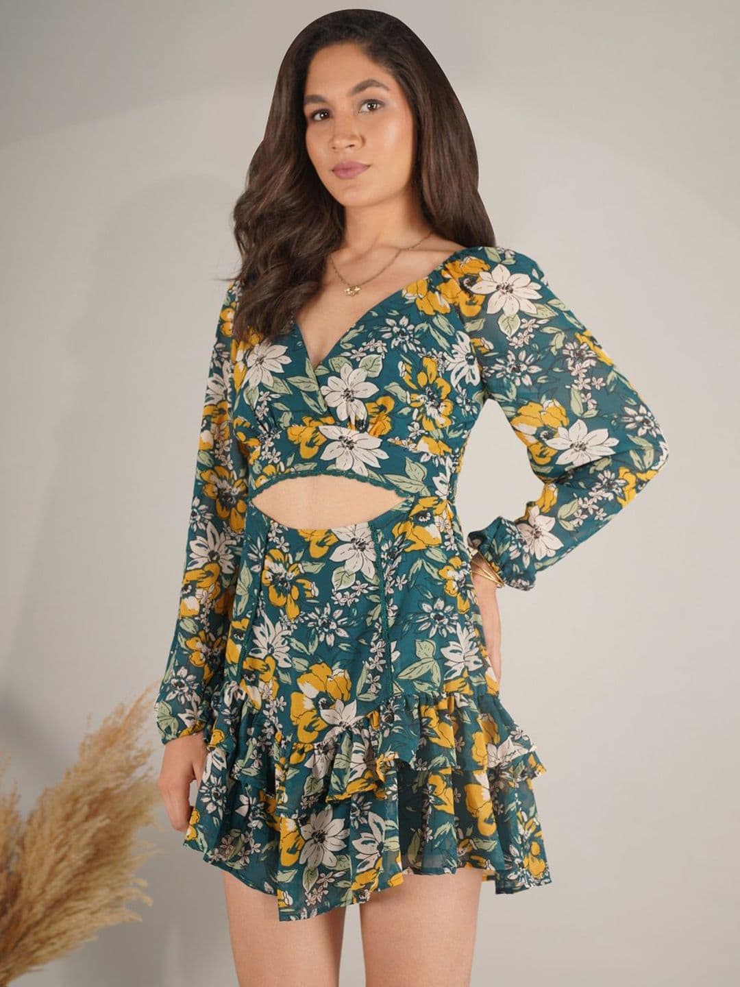 NUEVOSDAMAS Floral Striped Bell Sleeve Georgette A-Line Dress thumbnail 5