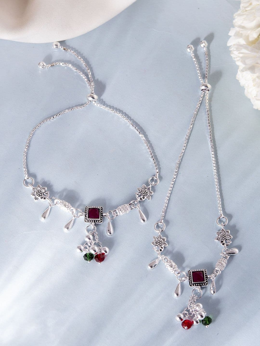 Sangria Silver-Plated Artificial Stones and Beads Anklet - view 1