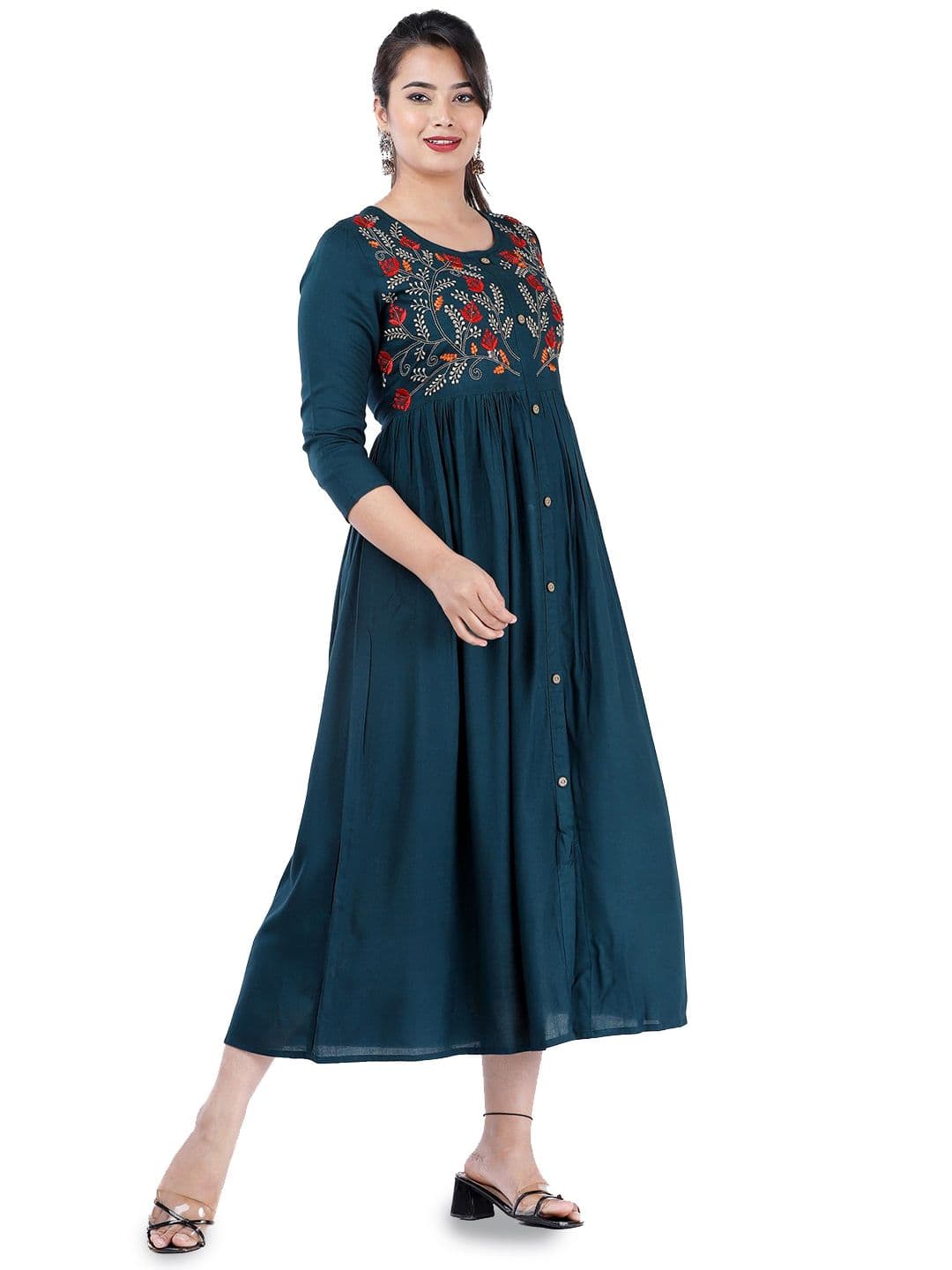 DMP EXPORT Floral Embroidered Pleated Fit And Flare Ethnic Dresses thumbnail 4