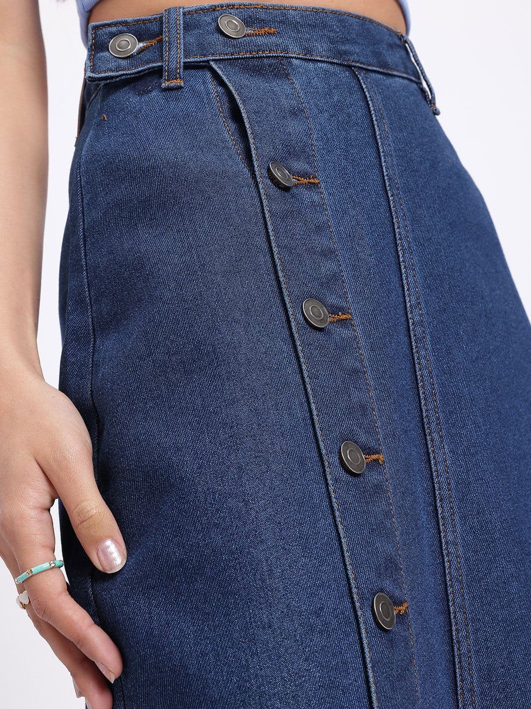 glitchez Midi Straight Denim Skirt with Side Slit thumbnail 4