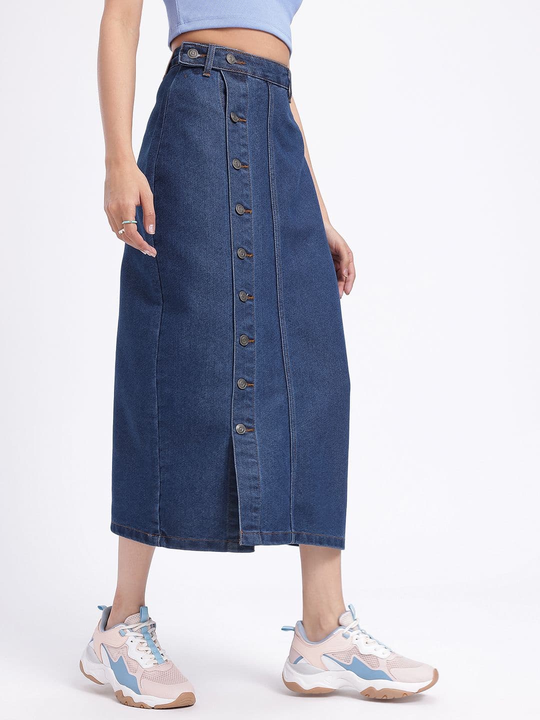 glitchez Midi Straight Denim Skirt with Side Slit thumbnail 2