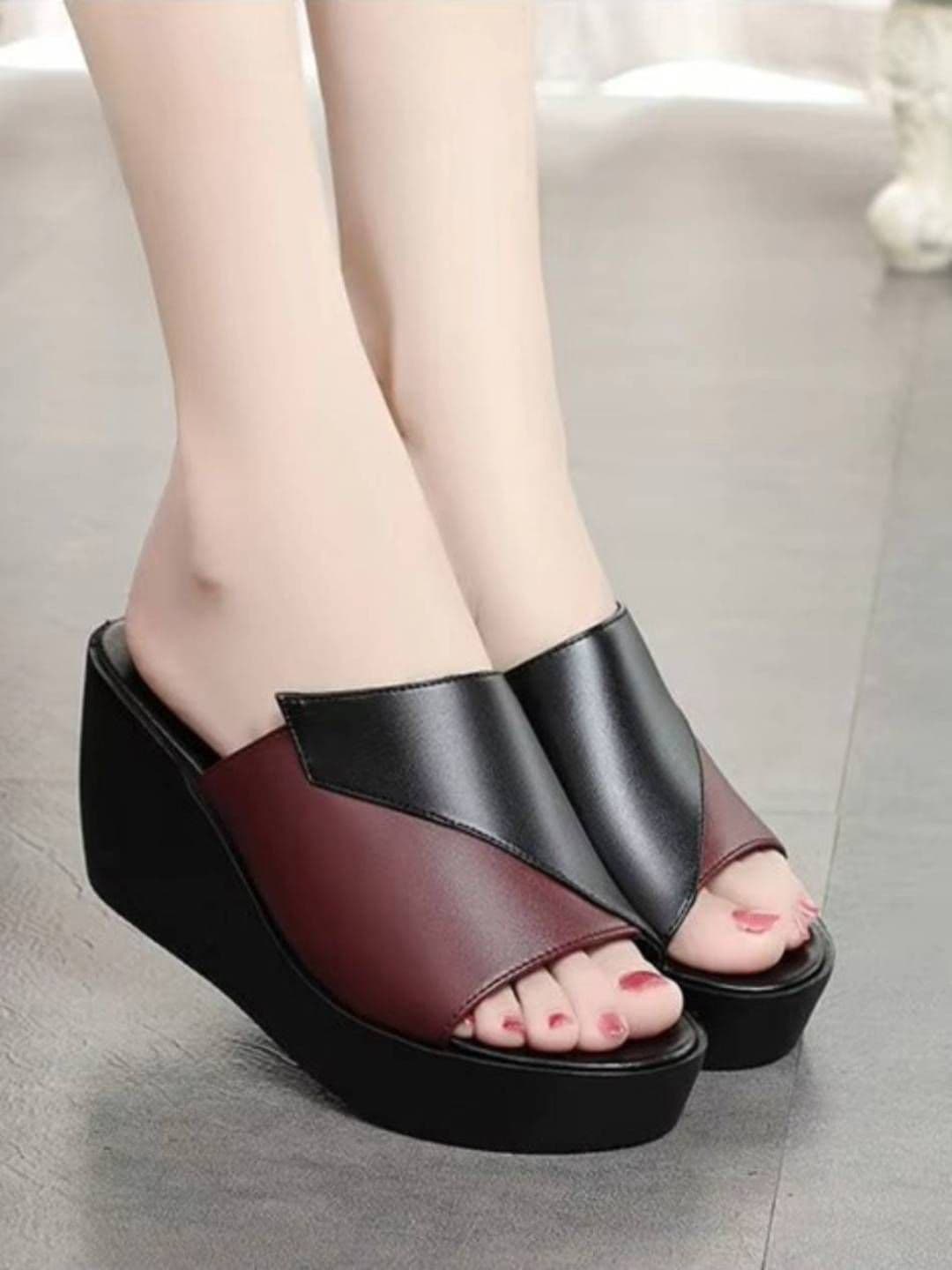 GLO GLAMP Women Noir Burgundy Lift Wedge Sandals thumbnail 2
