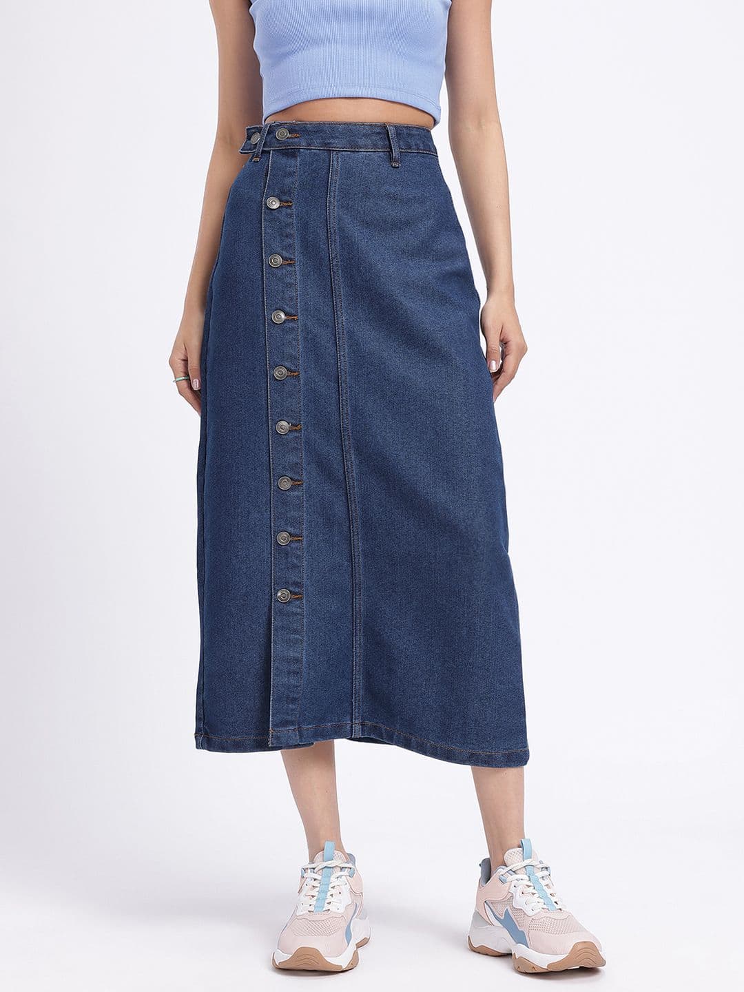glitchez Midi Straight Denim Skirt with Side Slit thumbnail 6