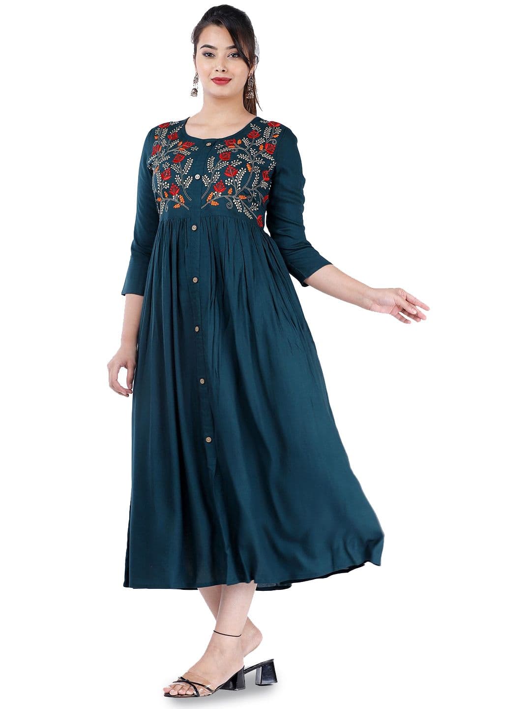 DMP EXPORT Floral Embroidered Pleated Fit And Flare Ethnic Dresses thumbnail 2