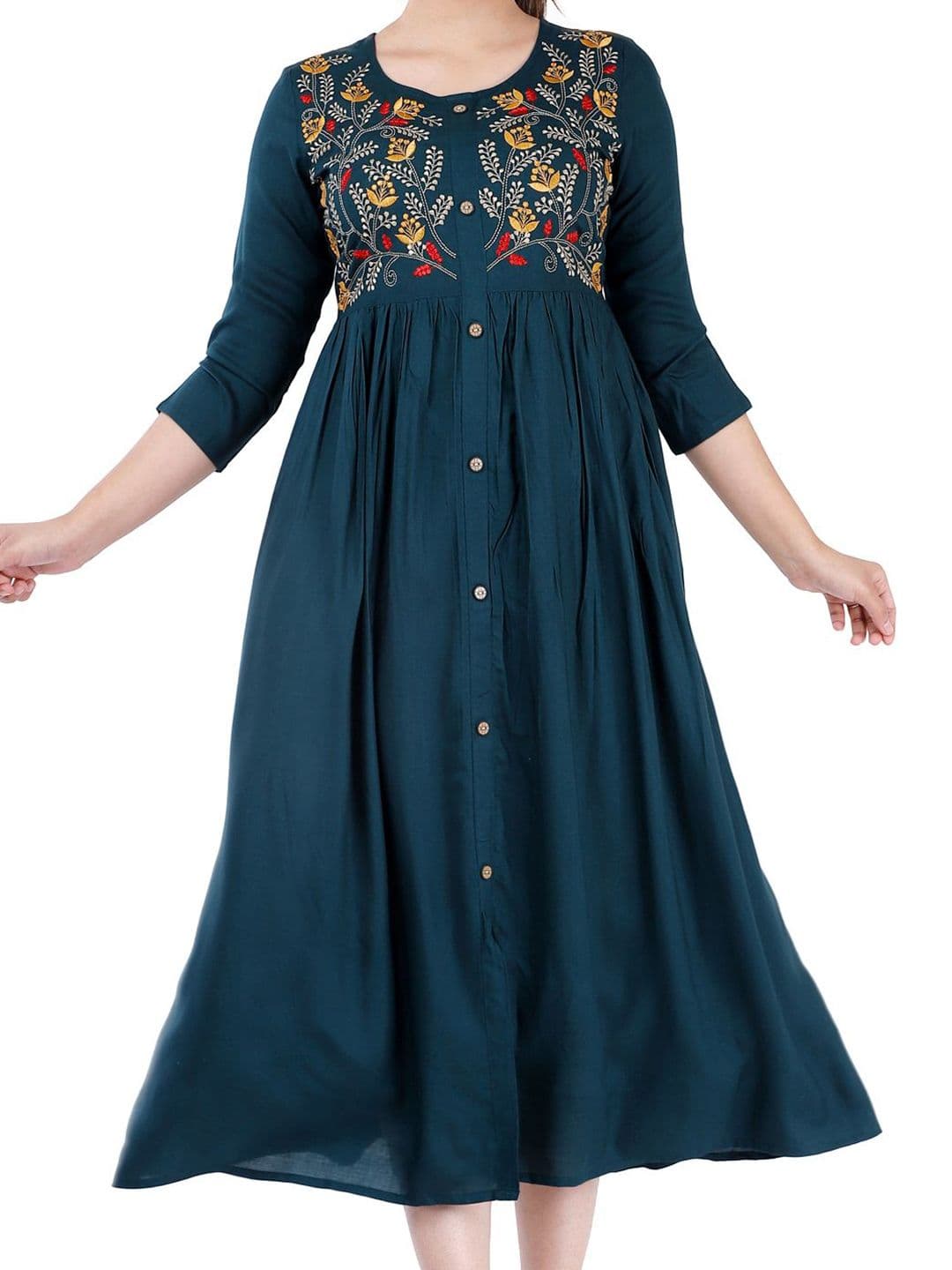 DMP EXPORT Floral Embroidered Pleated Fit And Flare Ethnic Dresses thumbnail 5