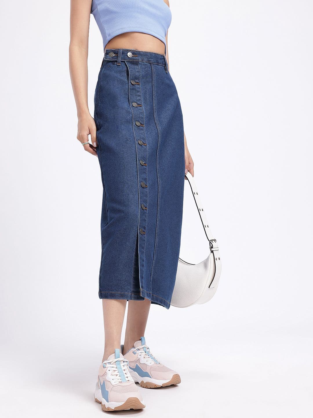 glitchez Midi Straight Denim Skirt with Side Slit - view 1