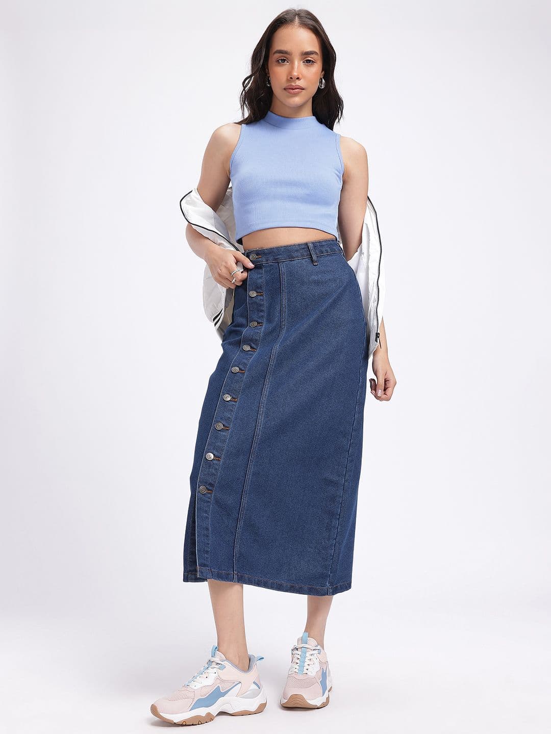 glitchez Midi Straight Denim Skirt with Side Slit thumbnail 3