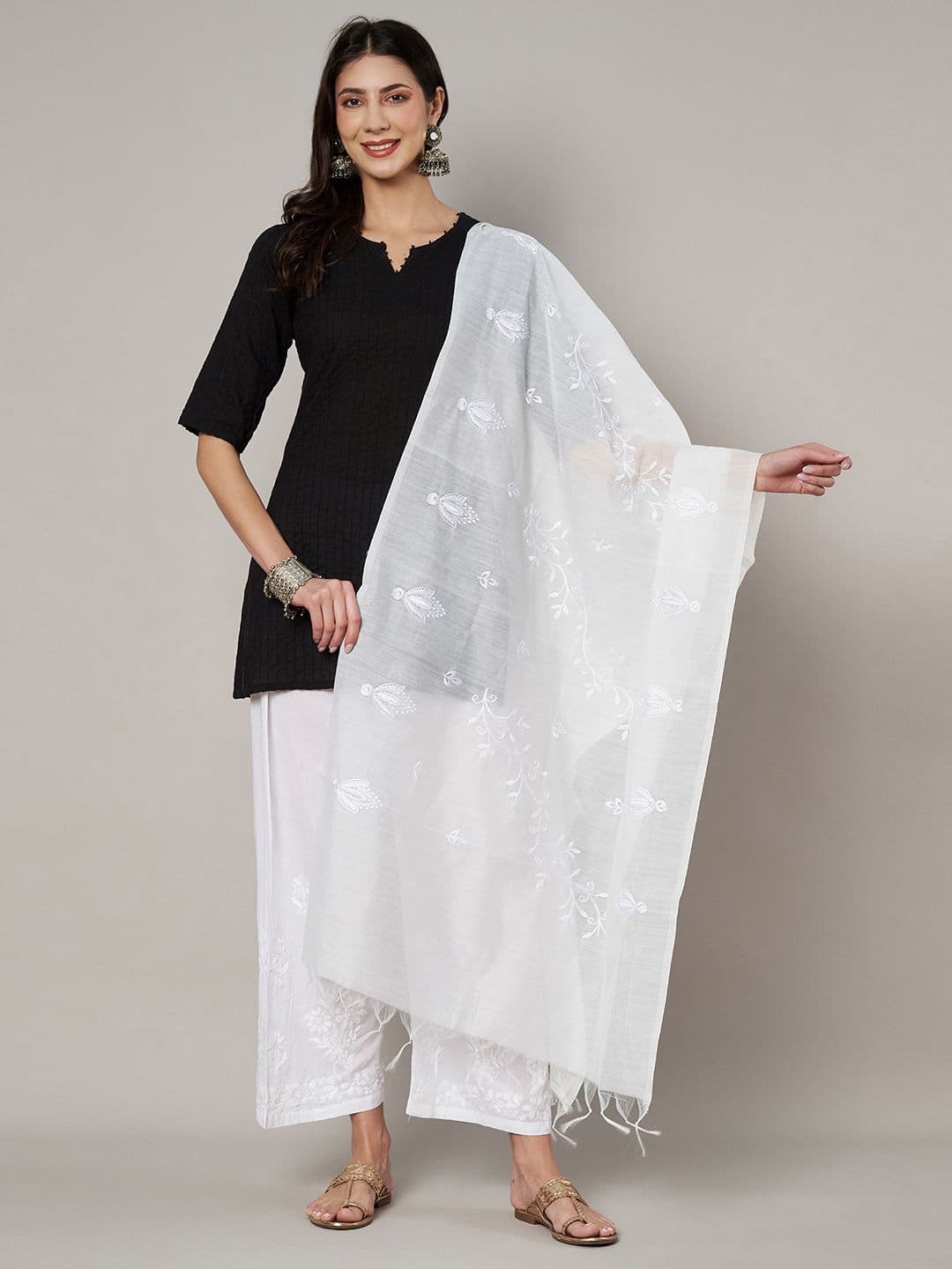 MUFFLY Embroidered Thread Work Cotton Dupatta - view 1