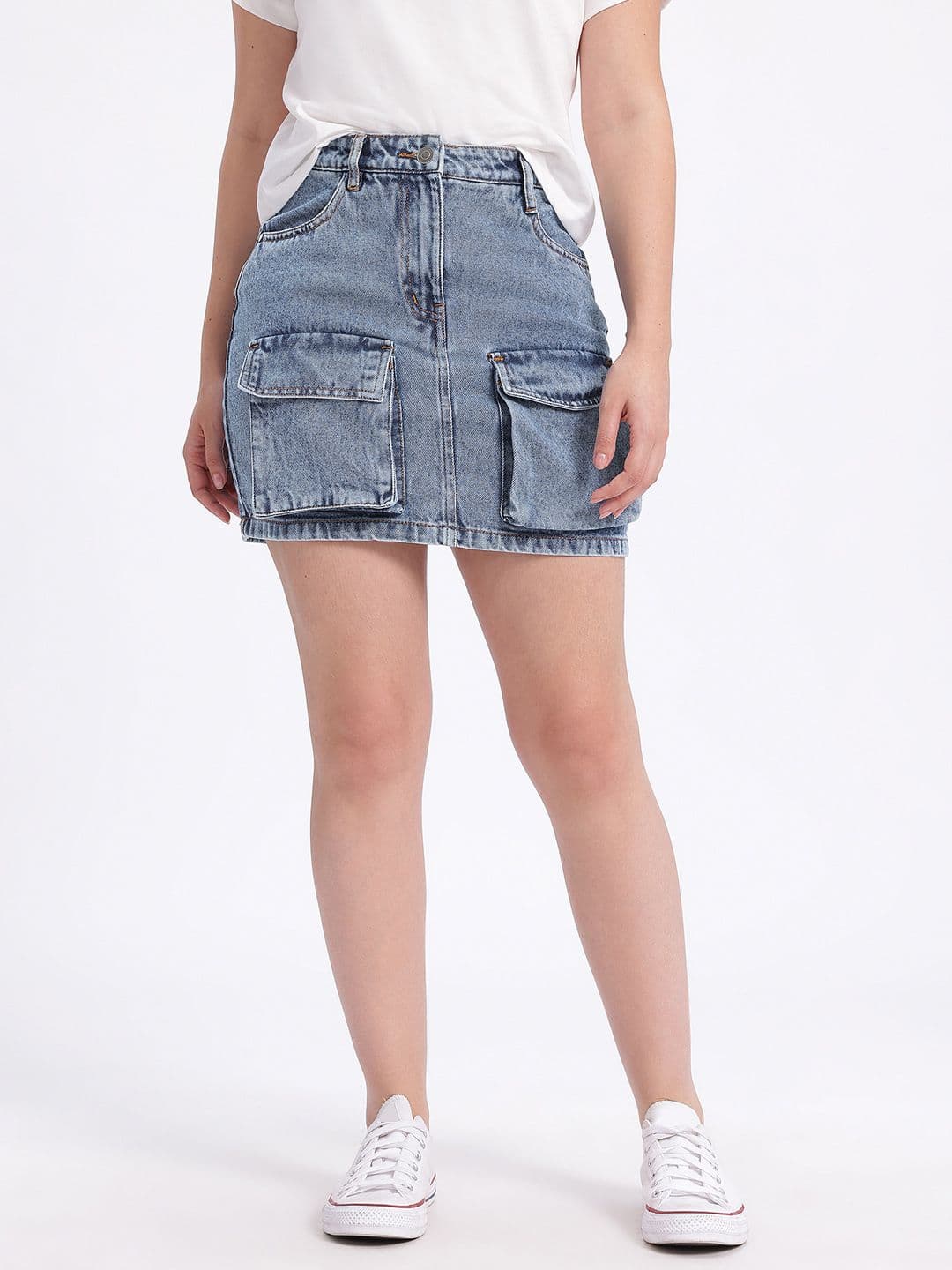 glitchez Faded Utility Cargo Denim Straight Mini Skirt thumbnail 5
