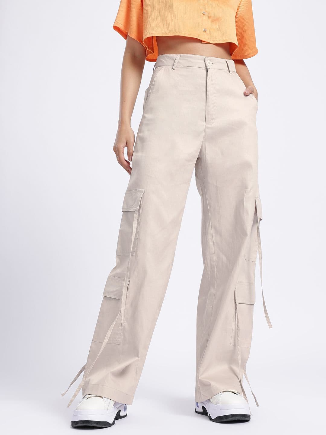 glitchez Women Mid-Rise Pure Cotton Flared Fit Cargos thumbnail 4
