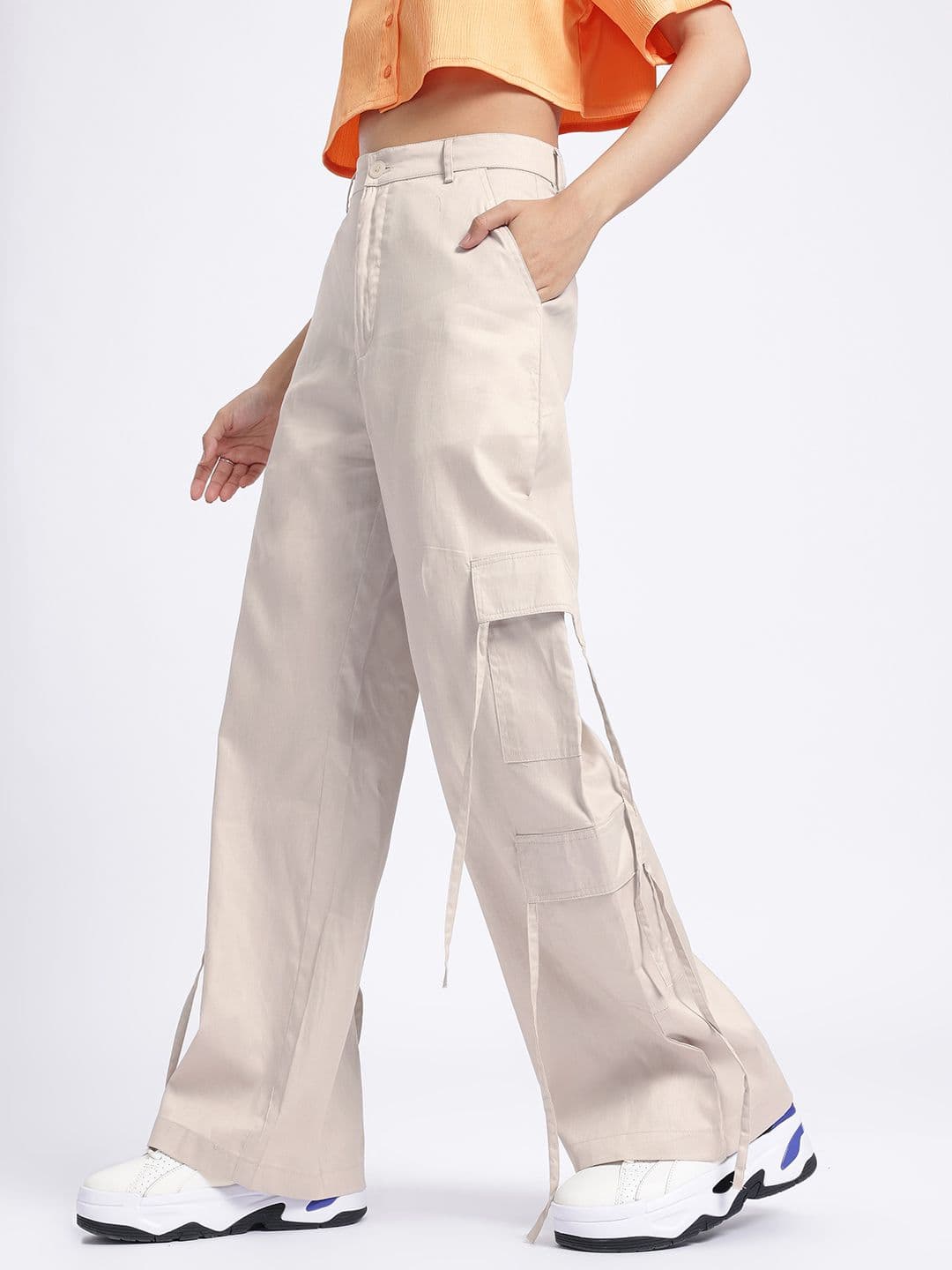 glitchez Women Mid-Rise Pure Cotton Flared Fit Cargos thumbnail 3