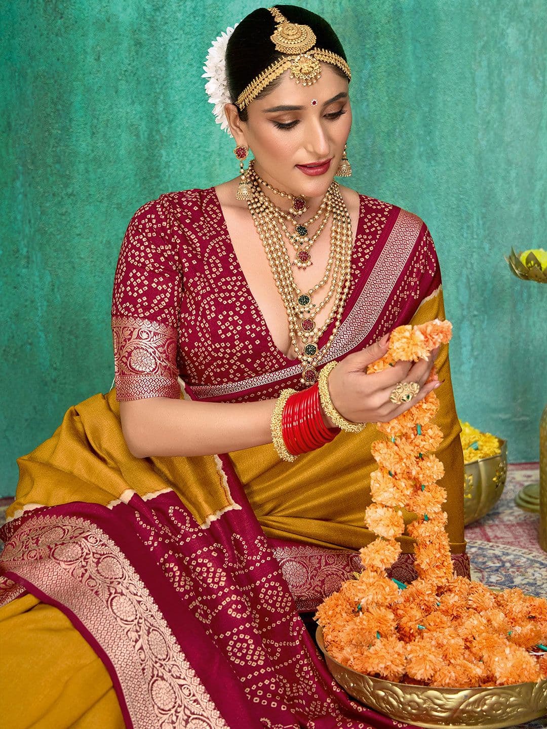 TIRA Bandhani Printed Tussar Saree With Blouse Piece thumbnail 2