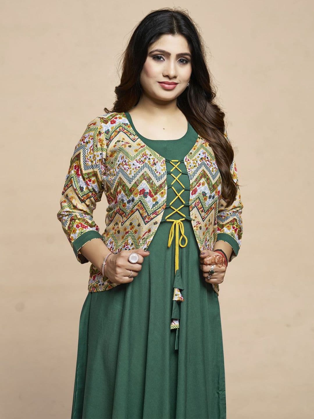 MEESORRA Printed Round Neck Ethnic Dresses With Koti Jacket thumbnail 6