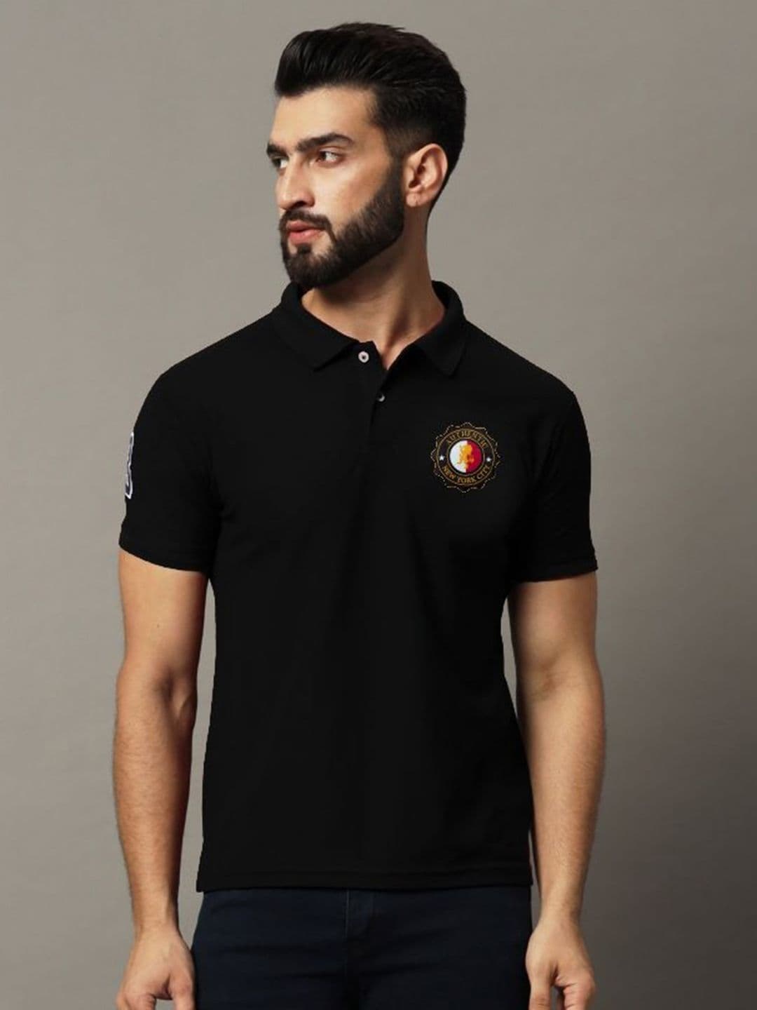HUSHBUCKS Men Polo Collar Monochrome Pockets T-shirt - view 1
