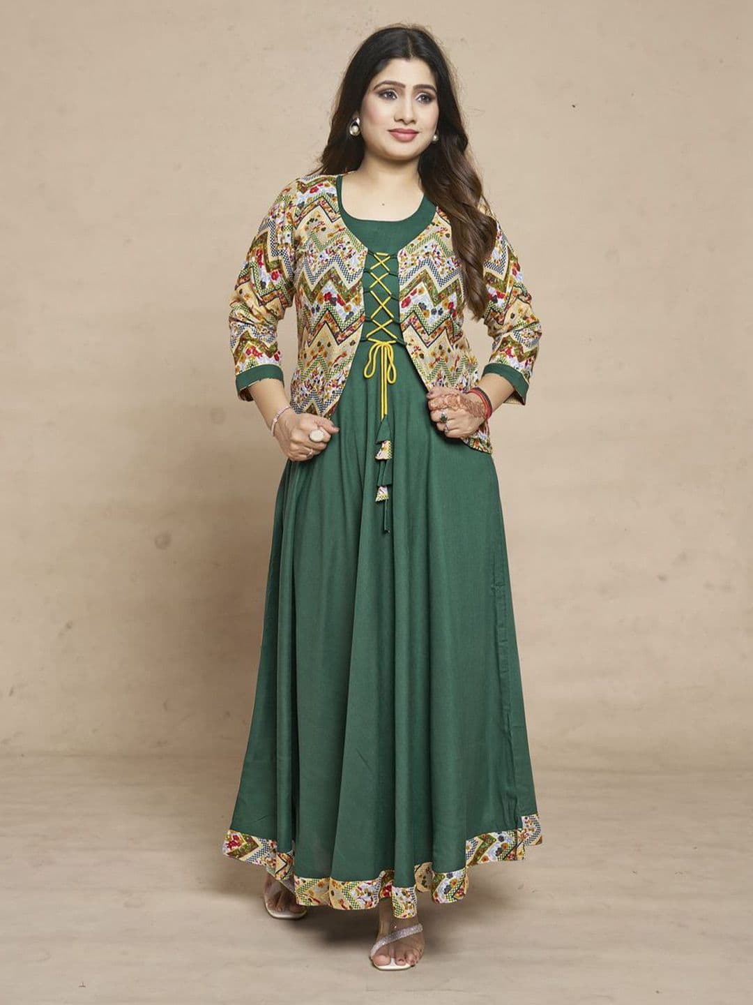 MEESORRA Printed Round Neck Ethnic Dresses With Koti Jacket thumbnail 5
