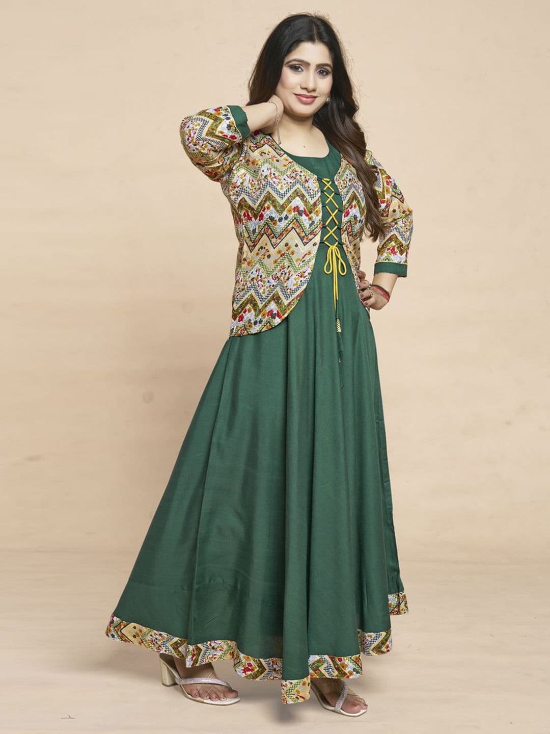 MEESORRA Printed Round Neck Ethnic Dresses With Koti Jacket thumbnail 3