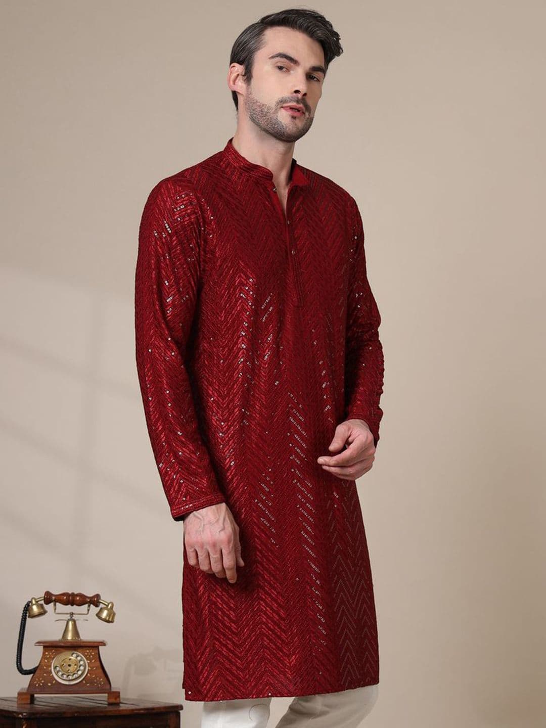 ADHIRAJAN Men Geometric Embroidered Chikankari Kurta thumbnail 5
