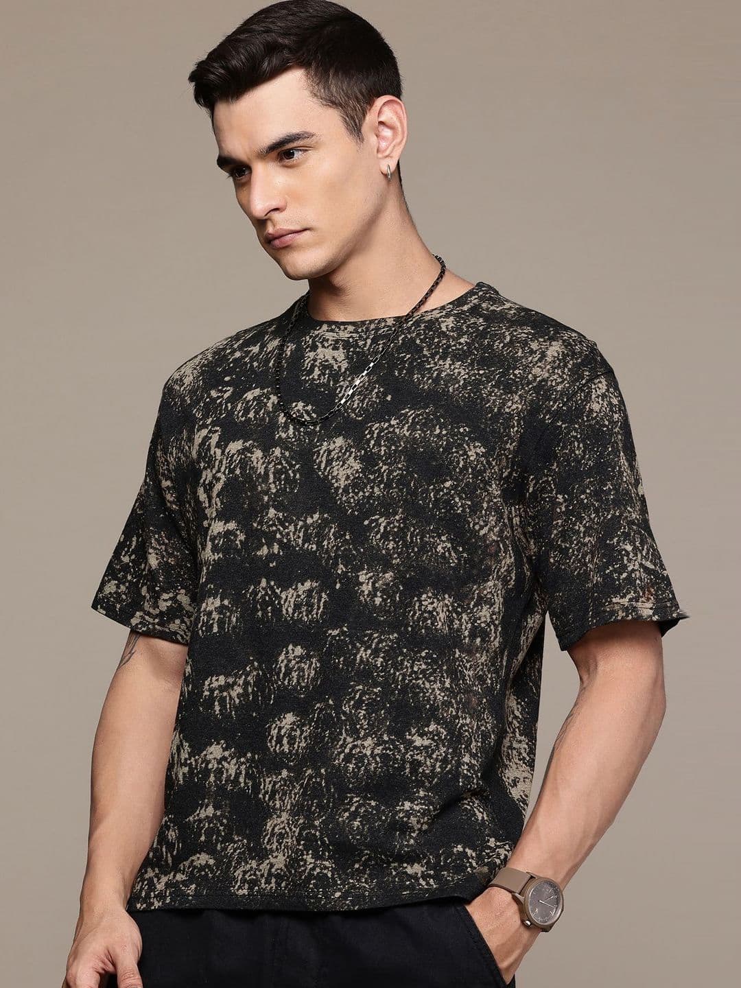 Moda Rapido Washed Effect Tie & Dyed Drop-Shoulder Sleeves Oversized Fit T-shirt thumbnail 6