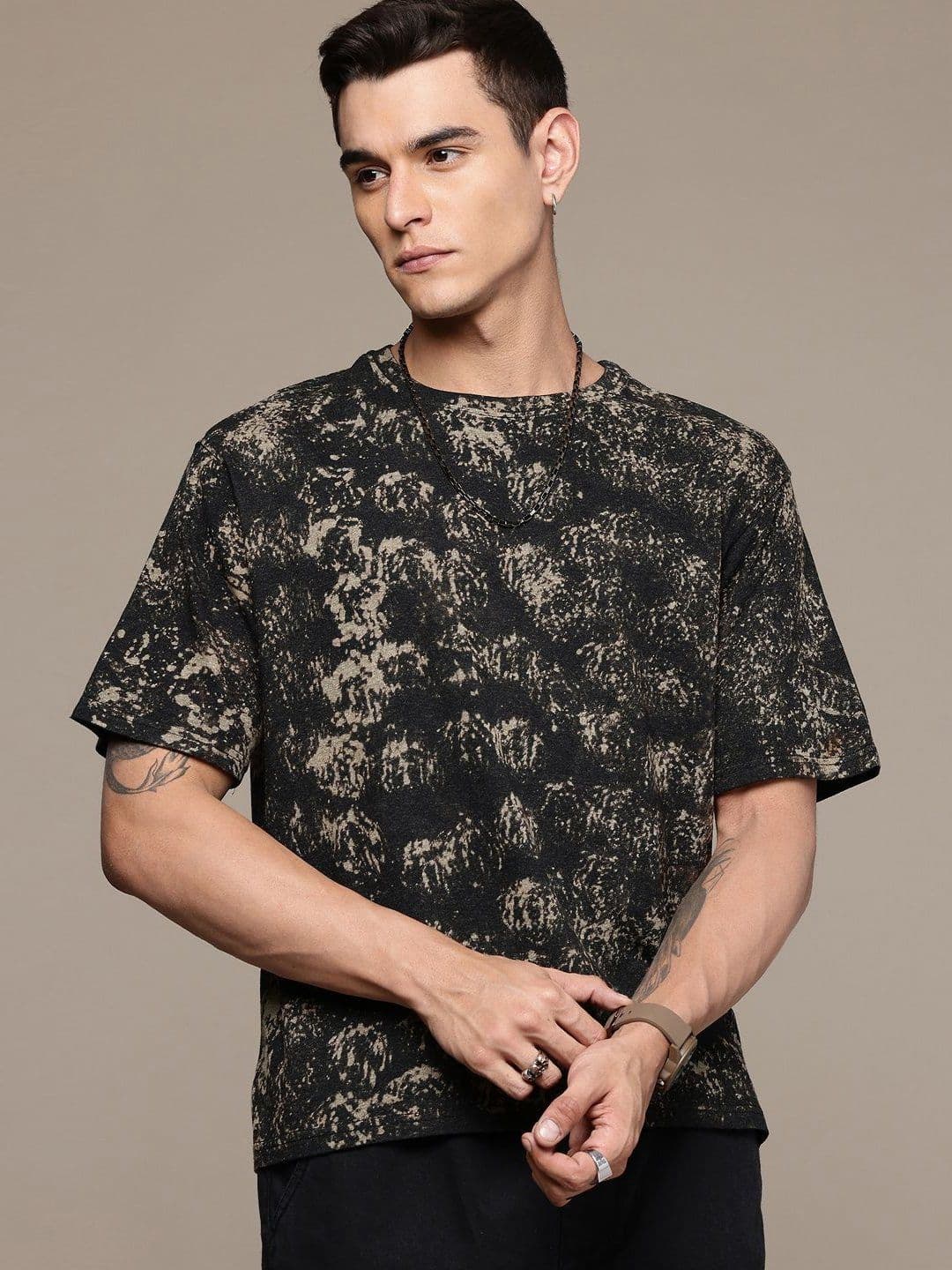 Moda Rapido Washed Effect Tie & Dyed Drop-Shoulder Sleeves Oversized Fit T-shirt - view 1