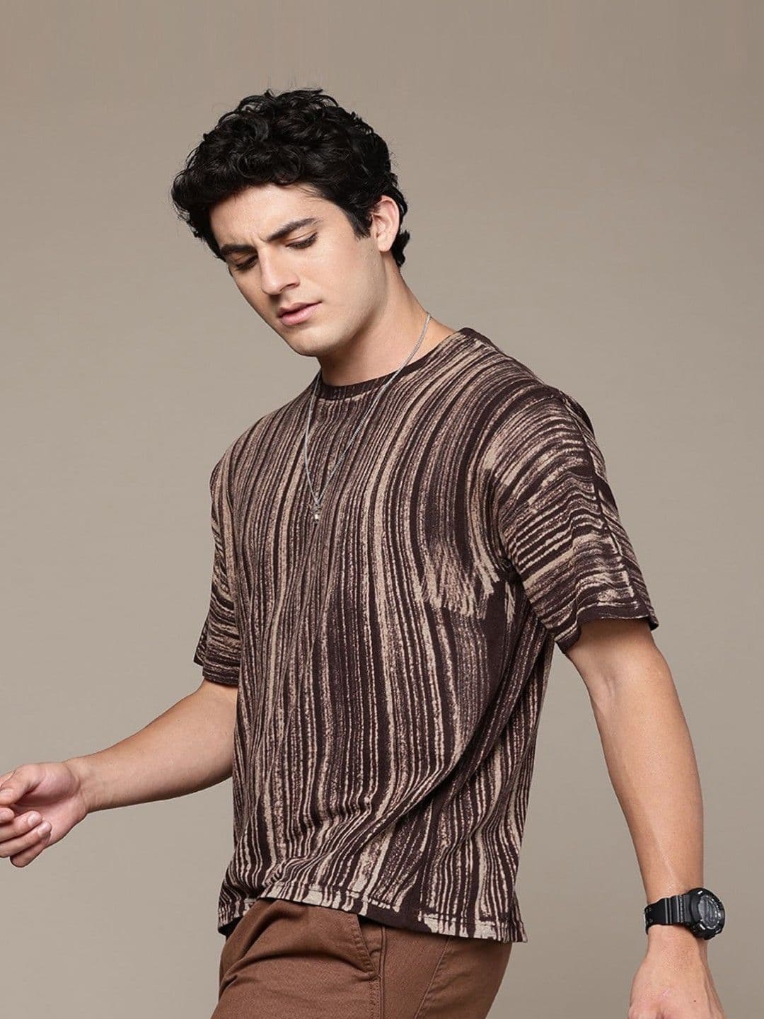 Moda Rapido Striped Round Neck Short Sleeves Oversized Cotton T-shirt thumbnail 2
