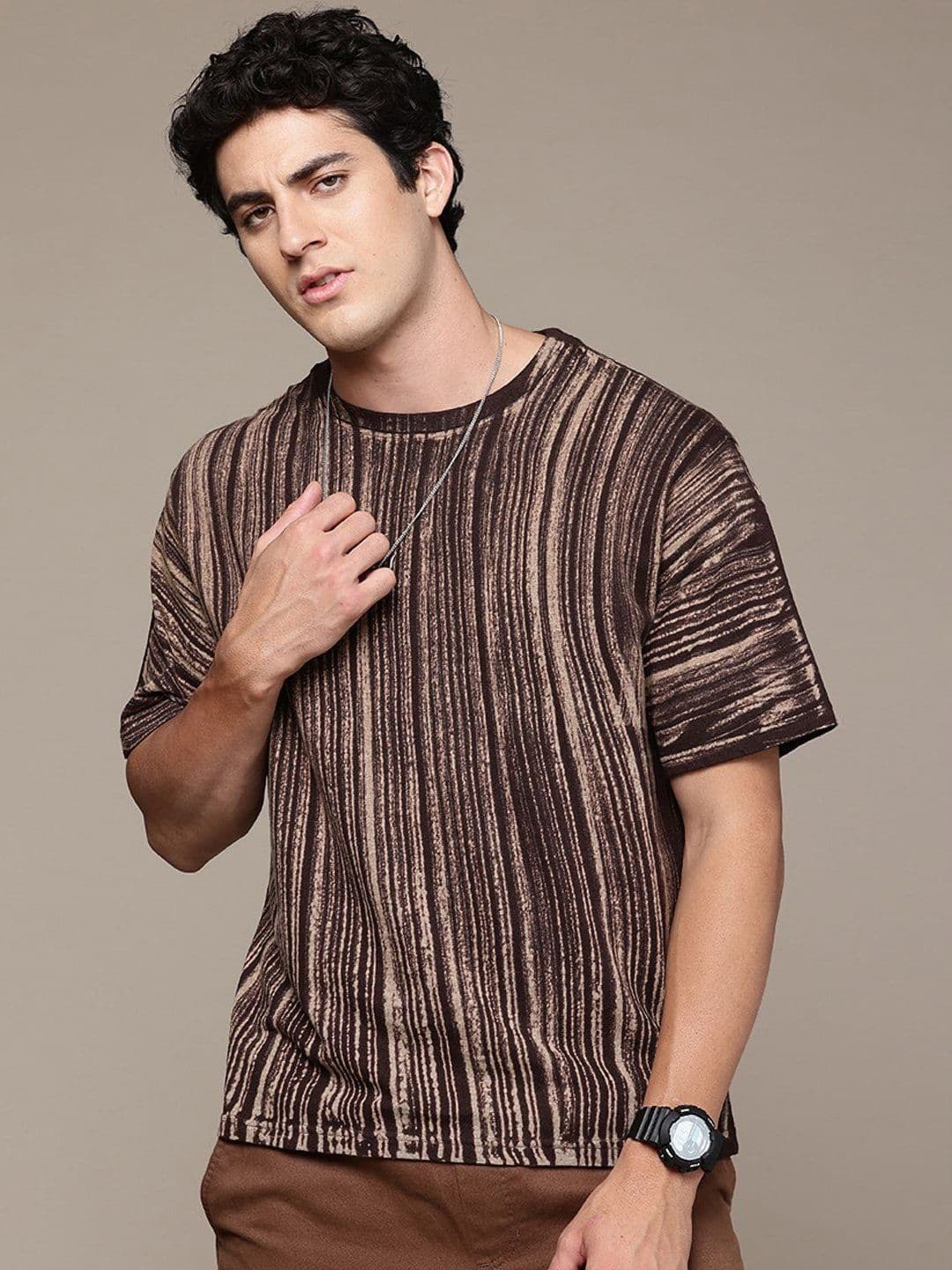 Moda Rapido Striped Round Neck Short Sleeves Oversized Cotton T-shirt - view 1
