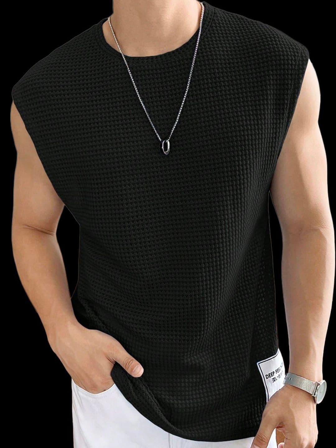 Calcados Pack Of 2 Self Design Cotton Gym Vests Vest-2(blk,grn)-S thumbnail 6