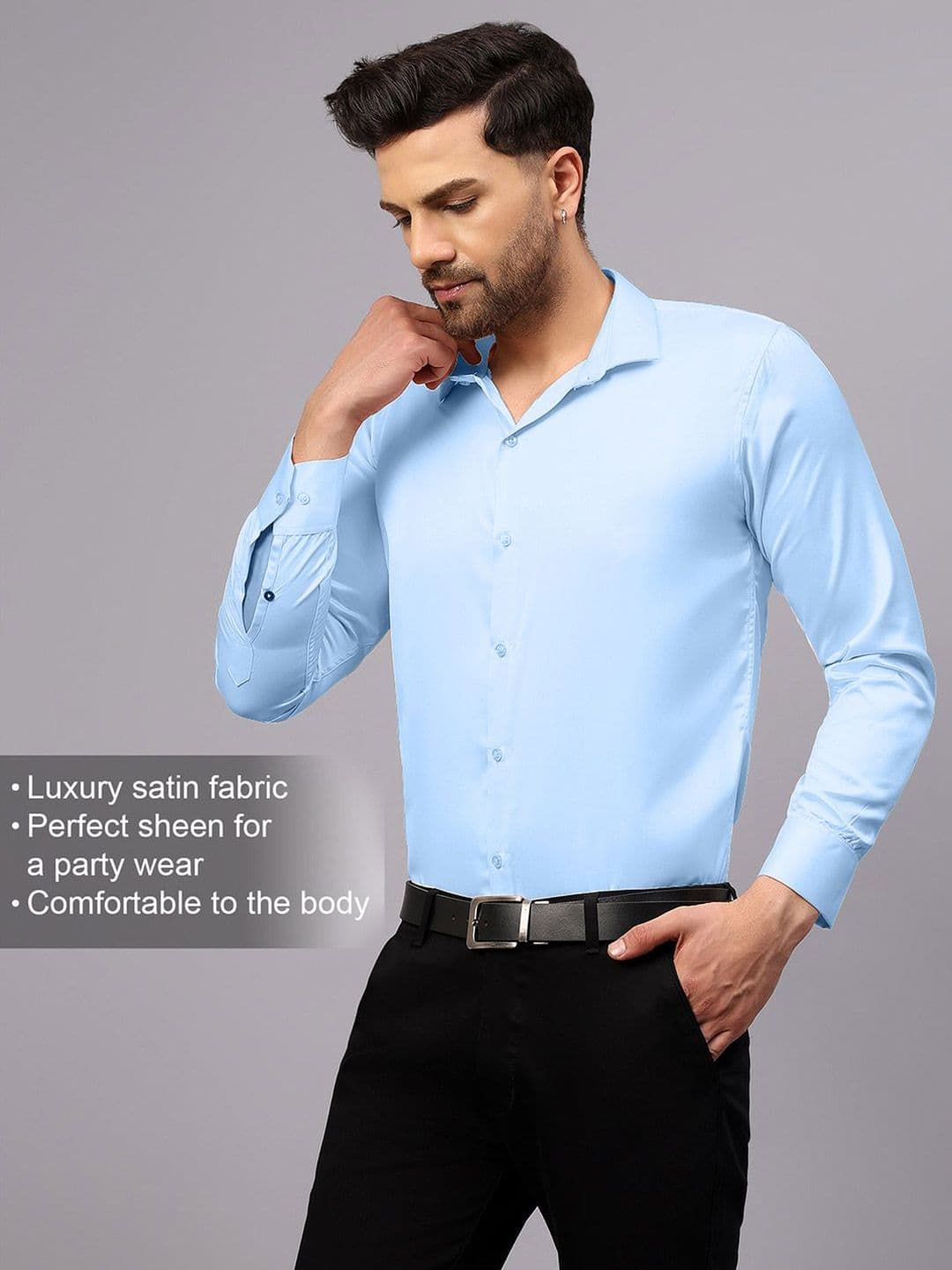CVC Men Regular Fit Poly Satin Silk Sky Blue Shirt thumbnail 2