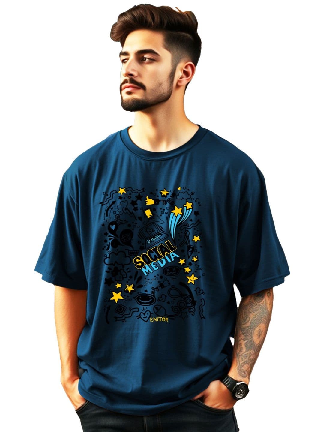 THE BEETEL HOUSE Teal Graphic Printed Round Neck Oversized T-shirt thumbnail 2