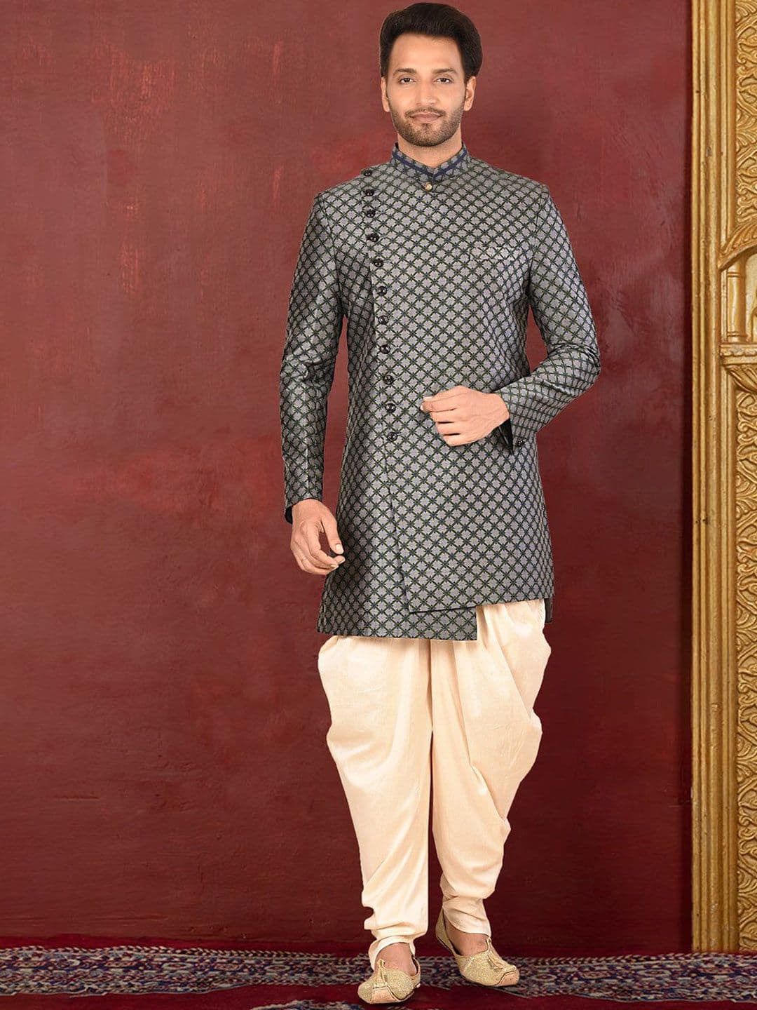 RANAK Printed Mandarin Collar Sherwani Set - view 1