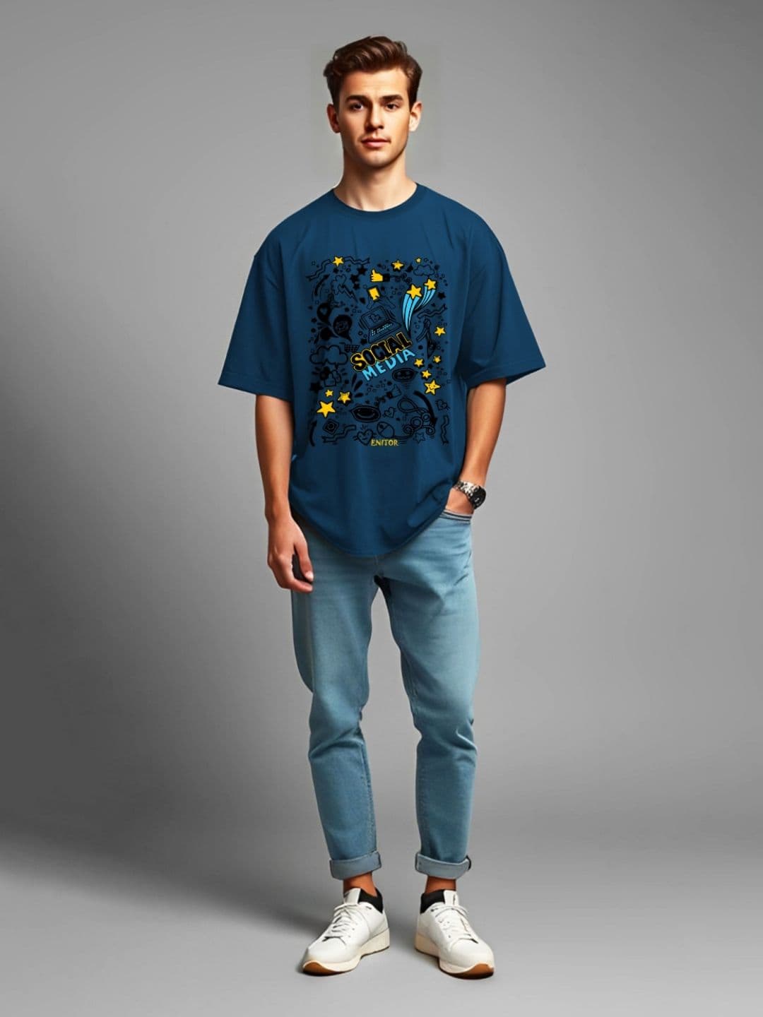THE BEETEL HOUSE Teal Graphic Printed Round Neck Oversized T-shirt thumbnail 4
