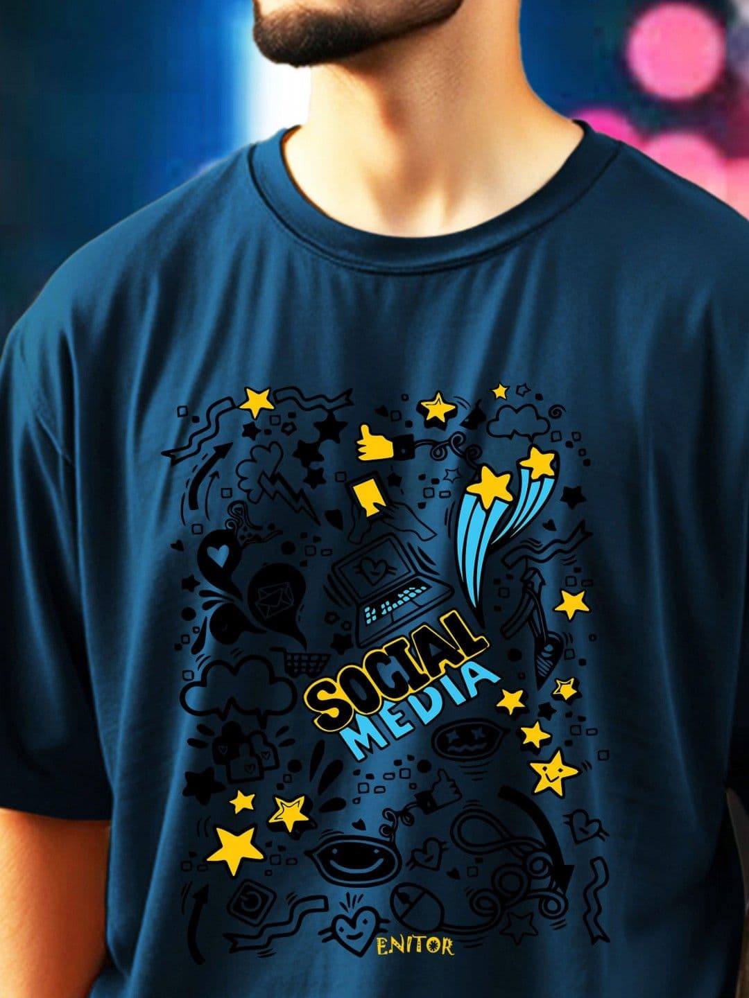 THE BEETEL HOUSE Teal Graphic Printed Round Neck Oversized T-shirt thumbnail 3