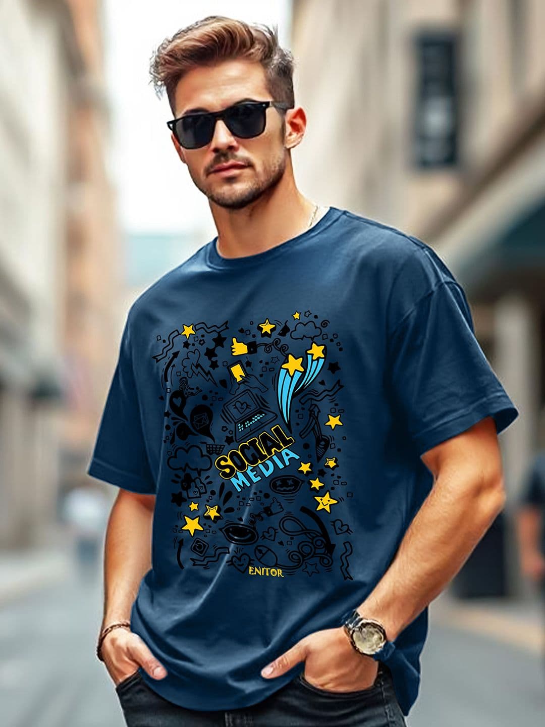 THE BEETEL HOUSE Teal Graphic Printed Round Neck Oversized T-shirt thumbnail 5