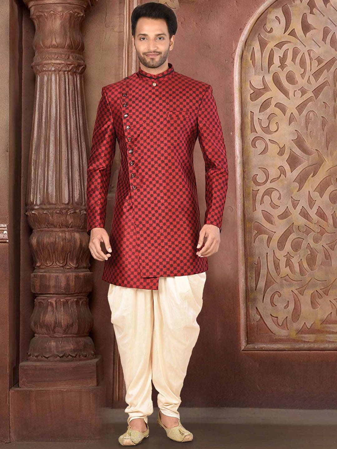 RANAK Self Design Mandarin Collar Sherwani Set - view 1