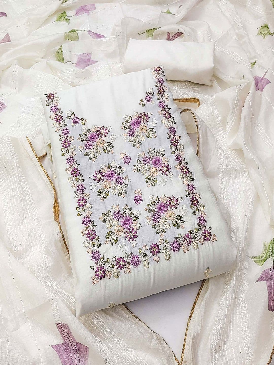 Peachmode Floral Embroidered Sequinned Unstitched Dress Material - view 1