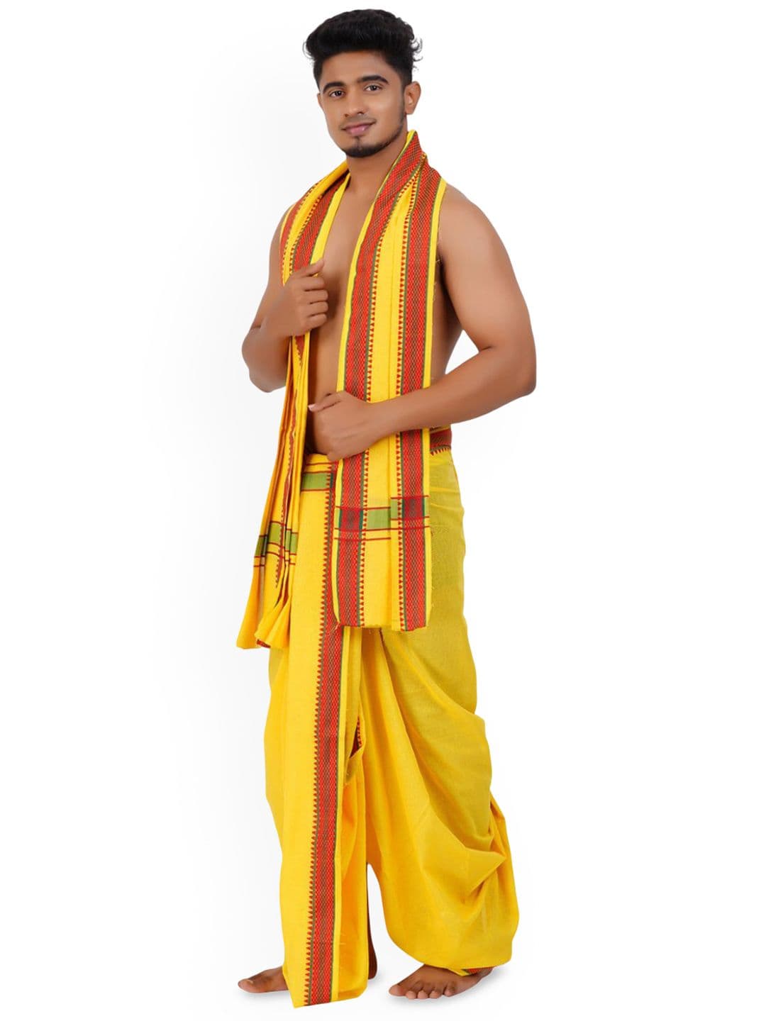 Ethazh Men Yellow Cotton Blend Solid 2 Inch Border Double Layer Dhoti with Angavastram thumbnail 2