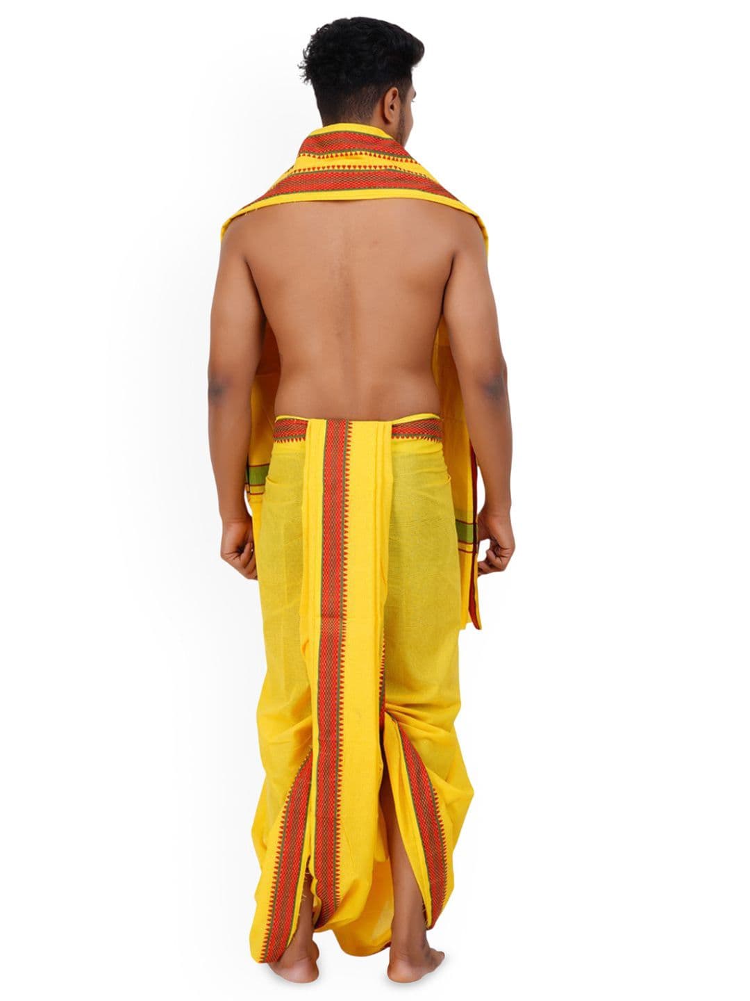 Ethazh Men Yellow Cotton Blend Solid 2 Inch Border Double Layer Dhoti with Angavastram thumbnail 5