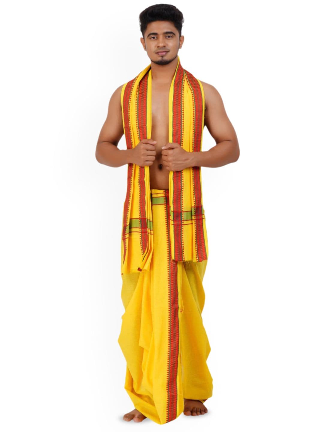 Ethazh Men Yellow Cotton Blend Solid 2 Inch Border Double Layer Dhoti with Angavastram thumbnail 4
