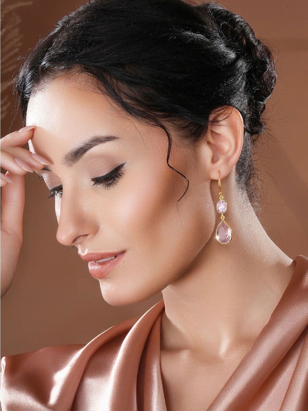SARAF TRENDZ Gold-Plated American Diamond Studded Teardrop Shaped Drop Earrings thumbnail 3