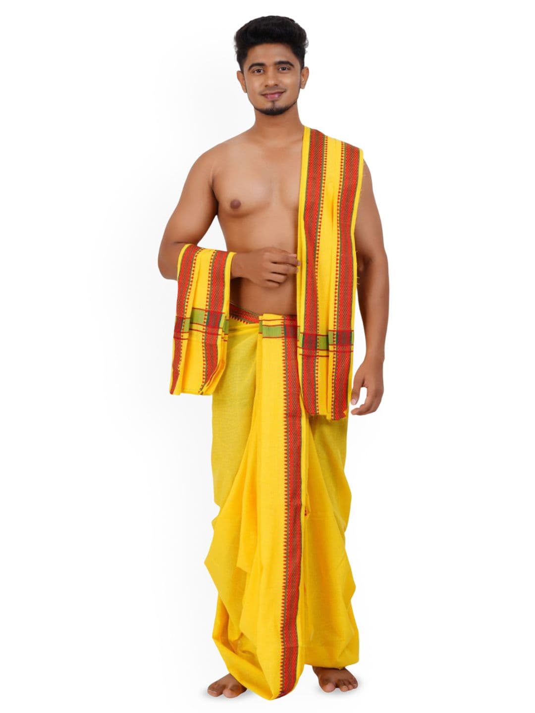 Ethazh Men Yellow Cotton Blend Solid 2 Inch Border Double Layer Dhoti with Angavastram - view 1