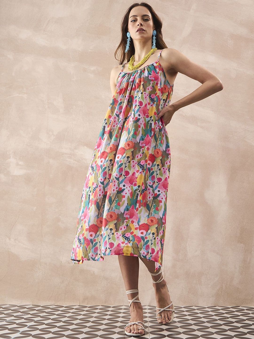 InWeave Women Floral Printed Shoulder Straps A-Line Midi Dress thumbnail 5