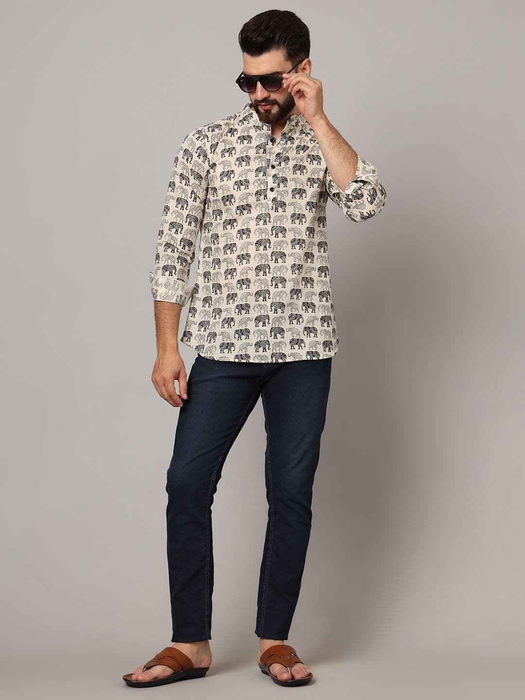 JAPER KURTI Ethnic Motifs Printed Band Collar Pure Cotton Short Kurta thumbnail 2