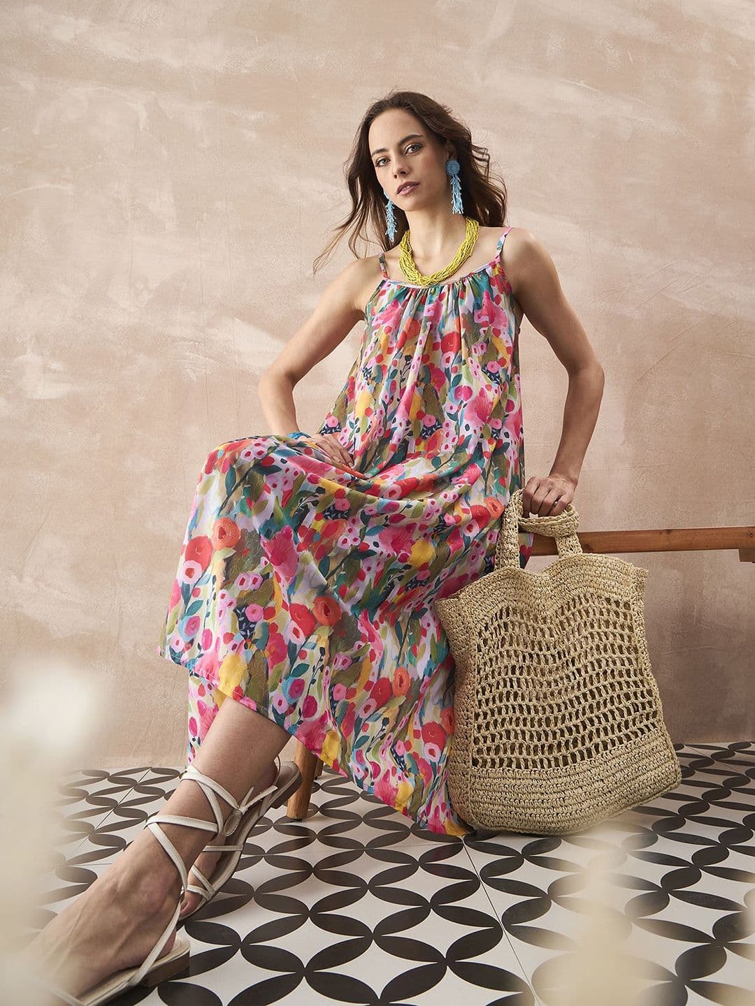 InWeave Women Floral Printed Shoulder Straps A-Line Midi Dress thumbnail 2