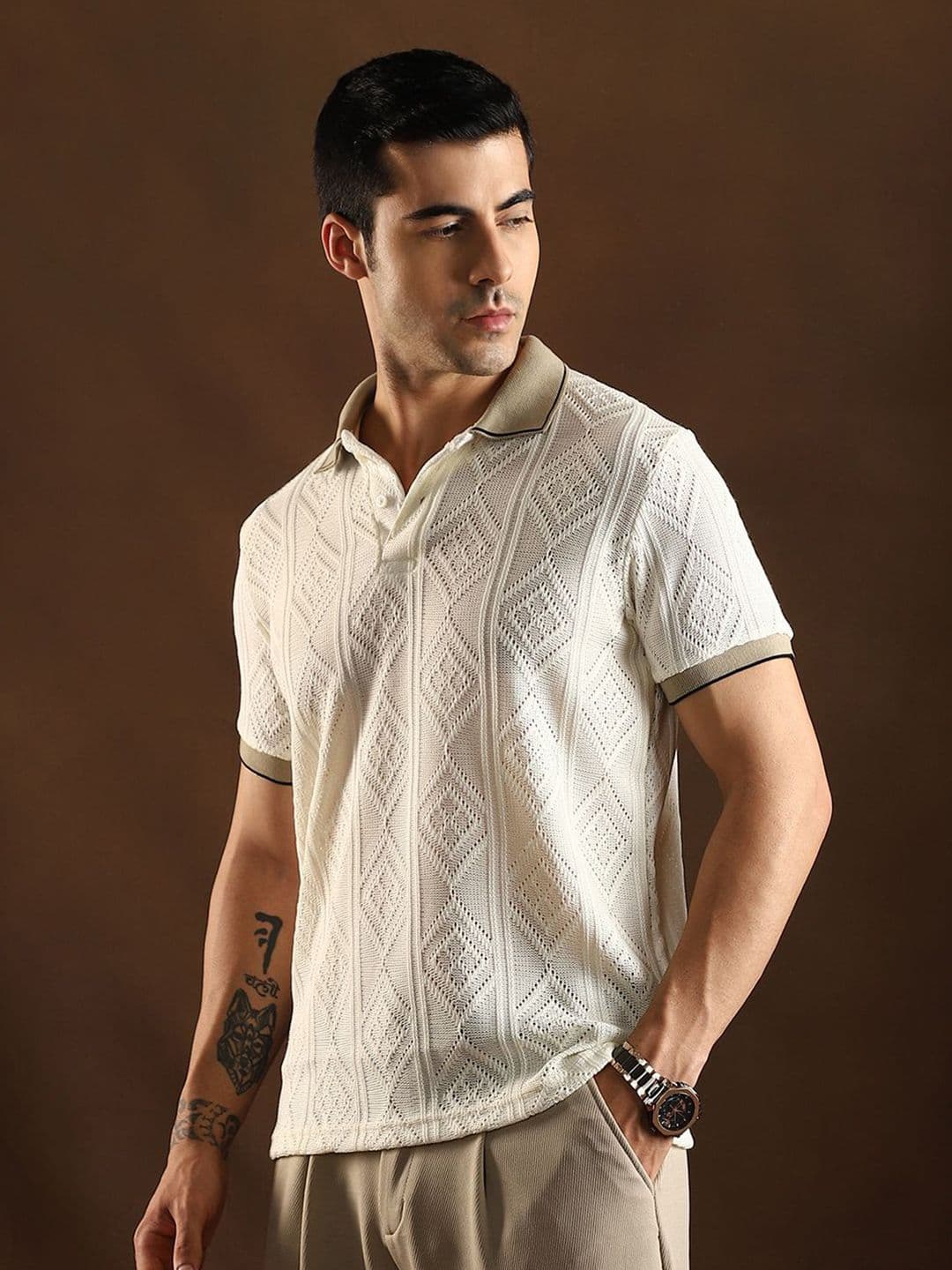 CAHOOT Geometric Self Design Polo Collar Cotton T-shirt thumbnail 6