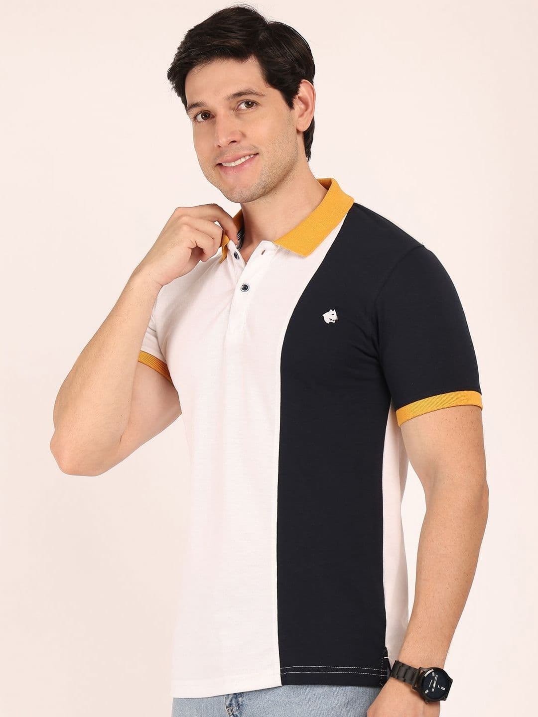 BUNCH OF BAD Colourblocked Polo Collar Cotton T-shirt thumbnail 3
