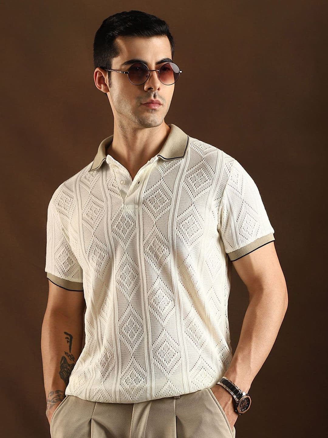 CAHOOT Geometric Self Design Polo Collar Cotton T-shirt - view 1