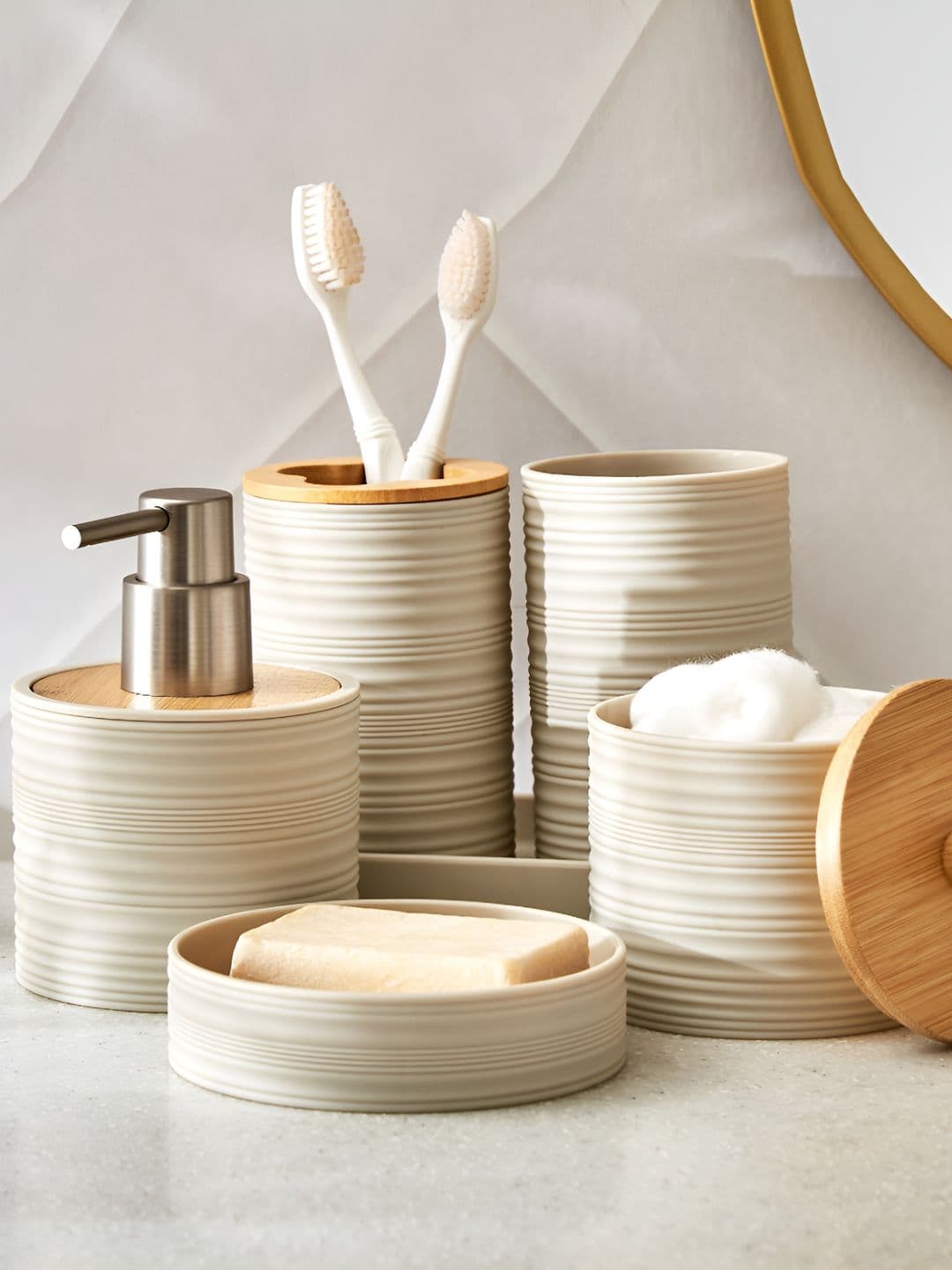 Home Centre Beige & Off White Striped Plastic Soap Dispenser thumbnail 3