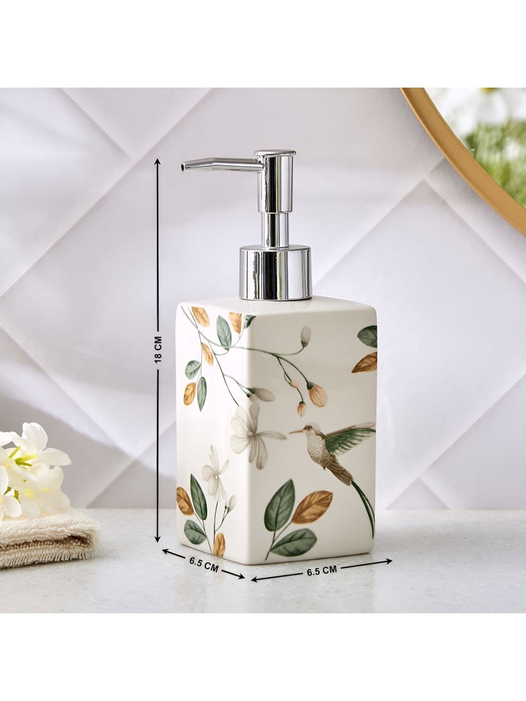 Home Centre White & Green Floral Ceramic Soap Dispenser thumbnail 2